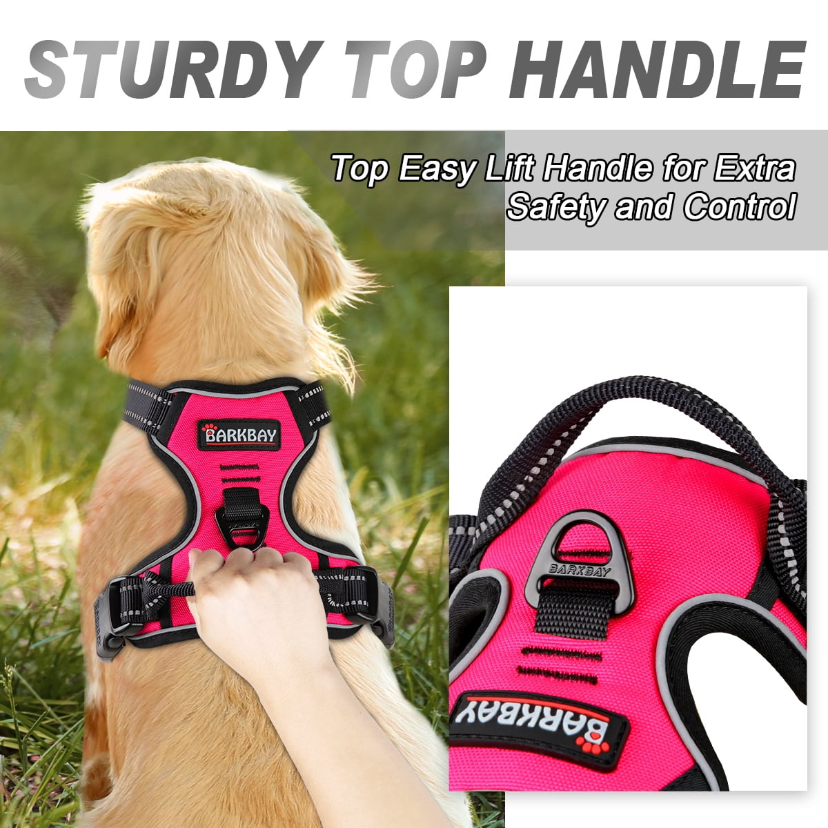 BARKBAY No Pull Dog Harness Front Clip Heavy Duty Reflective Easy Control Handle for Large Dog Walking(Pink,L)
