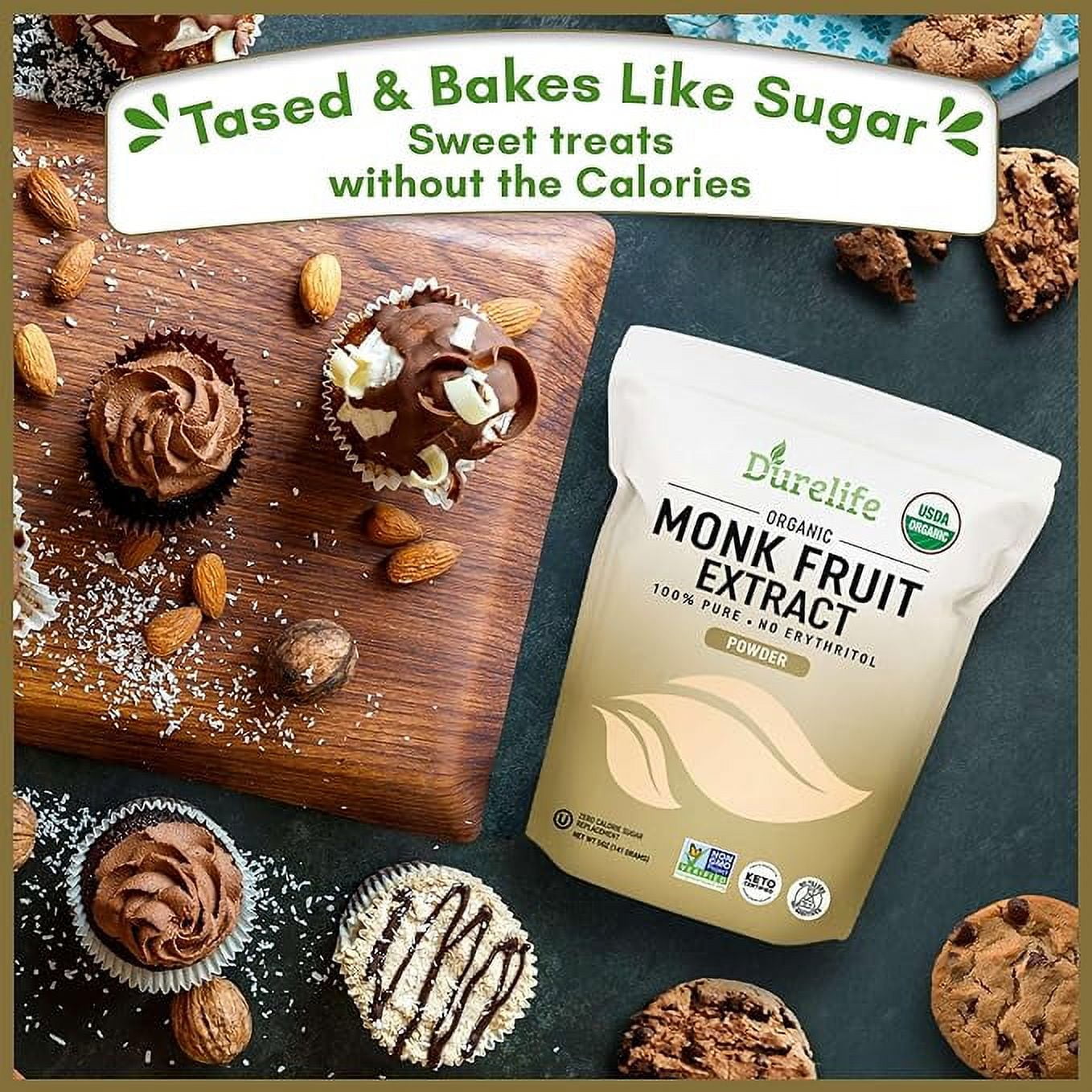 Durelife Organic 100% Pure Monk Fruit sweetener, No Erythritol, Monkfruit Extract Powder, USDA organic NON-GMO Project Verified, Keto Certified, OU kosher No Fillers Zero Calorie Sugar Substitute 5OZ