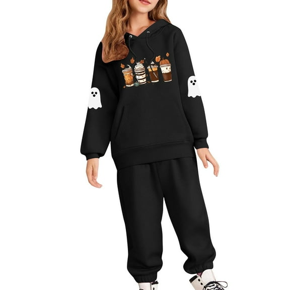 IUYRTFE Kids Halloween Hooded Sweatshirt Set Long Sleeve Pullover Two Piece Outfit Fall Winter Warm Casual Playwear Party Wear Toddler Boys Girls Clothing(Black,12 Years)