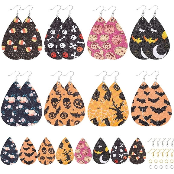 DIY 8 Pairs Theme PU Leather Earring Making Kits Double-Sided Printing Kits Including 16Pcs Teardrop Big Pendants Brass Earring Hooks Iron Jump Rings for Earring Craft Making