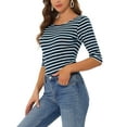 thumbnail image 4 of MODA NOVA Juniors Casual Boat Neck Elbow Sleeves Slim Fit Stripes T-Shirt, 4 of 6