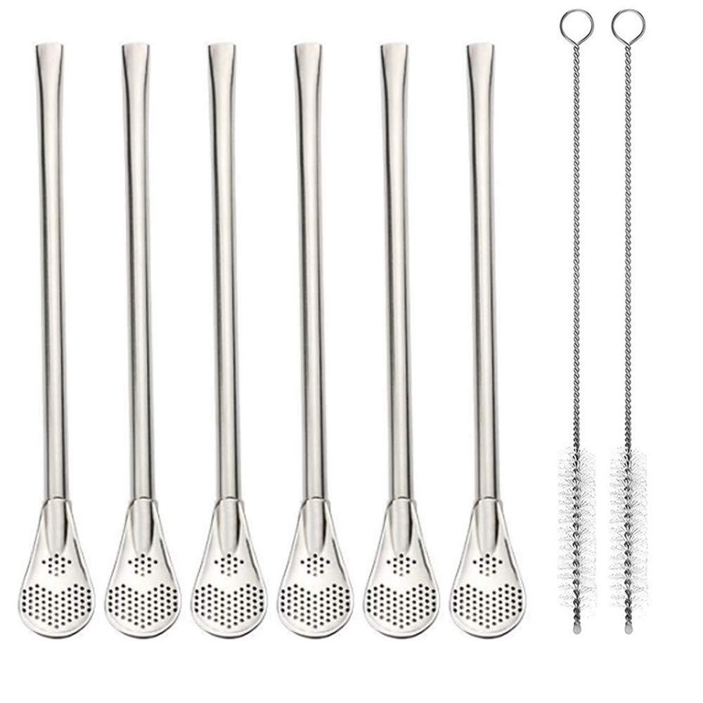 Stainless Steel Drinking Straws with Filter Spoon 6 Pcs Reusable Yerba Mate Tea Bombilla Drinking Straws with 2 Pcs Cleaning Brushes Set, 7.1inch/18CM Long - image 1 of 5