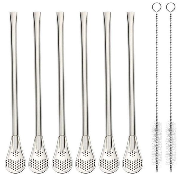 Stainless Steel Drinking Straws with Filter Spoon 6 Pcs Reusable Yerba Mate Tea Bombilla Drinking Straws with 2 Pcs Cleaning Brushes Set, 7.1inch/18CM Long