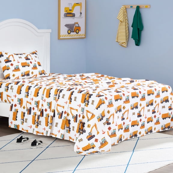 Joyfy Twin Size Construction Vehicle Sheet Set for Boys – 3Pcs Soft Microfiber Kids Bed Sheets, Deep Pocket Fitted Sheet & Pillowcases, Wrinkle Fade Resistant Breathable Toddler Bedding