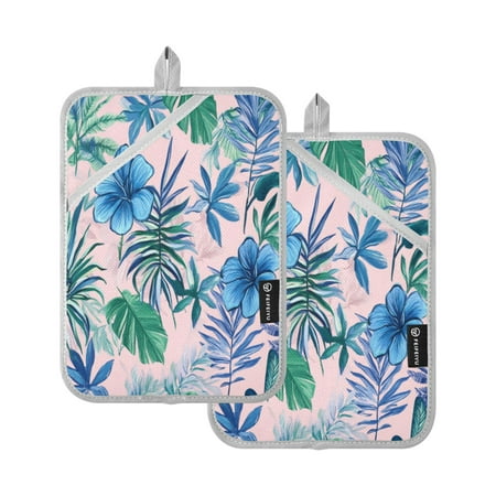 

Pot Holders Set of 2 Heat Resistant Potholders for Kitchen Easy Grip Oven Mitts for Microwave Oven Baking Kitchen BBQ Blue Flora Green Leaves