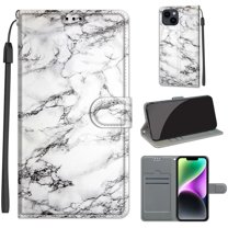 SaniMore Wallet Case for iPhone 14 6.1" 2022, PU Leather Color Painting Kickstand Wrist Strip Magnetic Clasp Cash Pocket Card Holders Shockproof Full Protective Case for iPhone 14“, White Marble