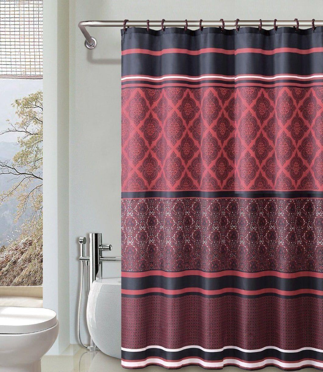 Crimson Red & Black 13Pc Bath Shower Curtain & Rings Bathroom