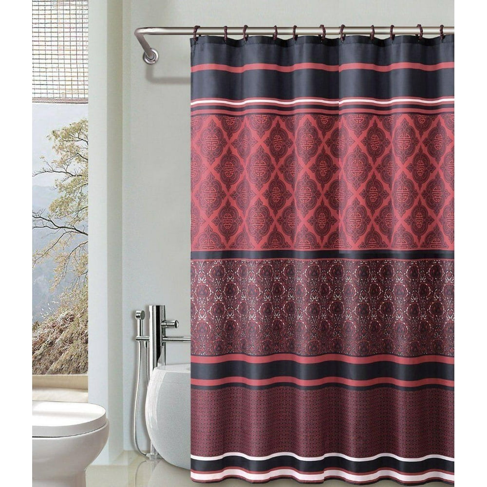 Crimson Red & Black 13Pc Bath Shower Curtain & Rings Bathroom