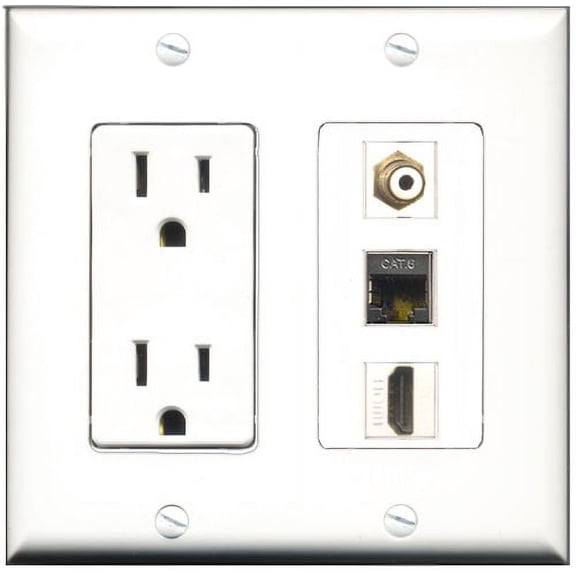 RiteAV - 15 Amp Power Outlet 1 Port HDMI 1 Port RCA White 1 Port Shielded Cat6 Ethernet Ethernet Decorative Wall Plate