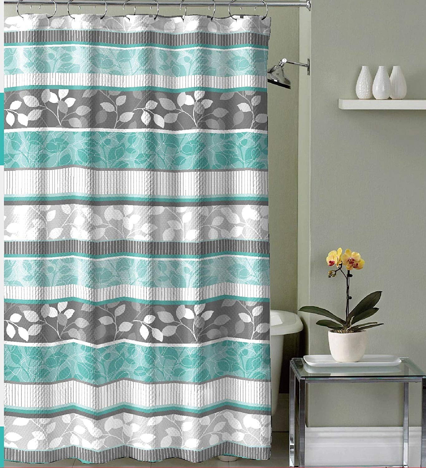 Aqua Blue Fabric Shower Curtain Primitive Striped Floral Design 70 by