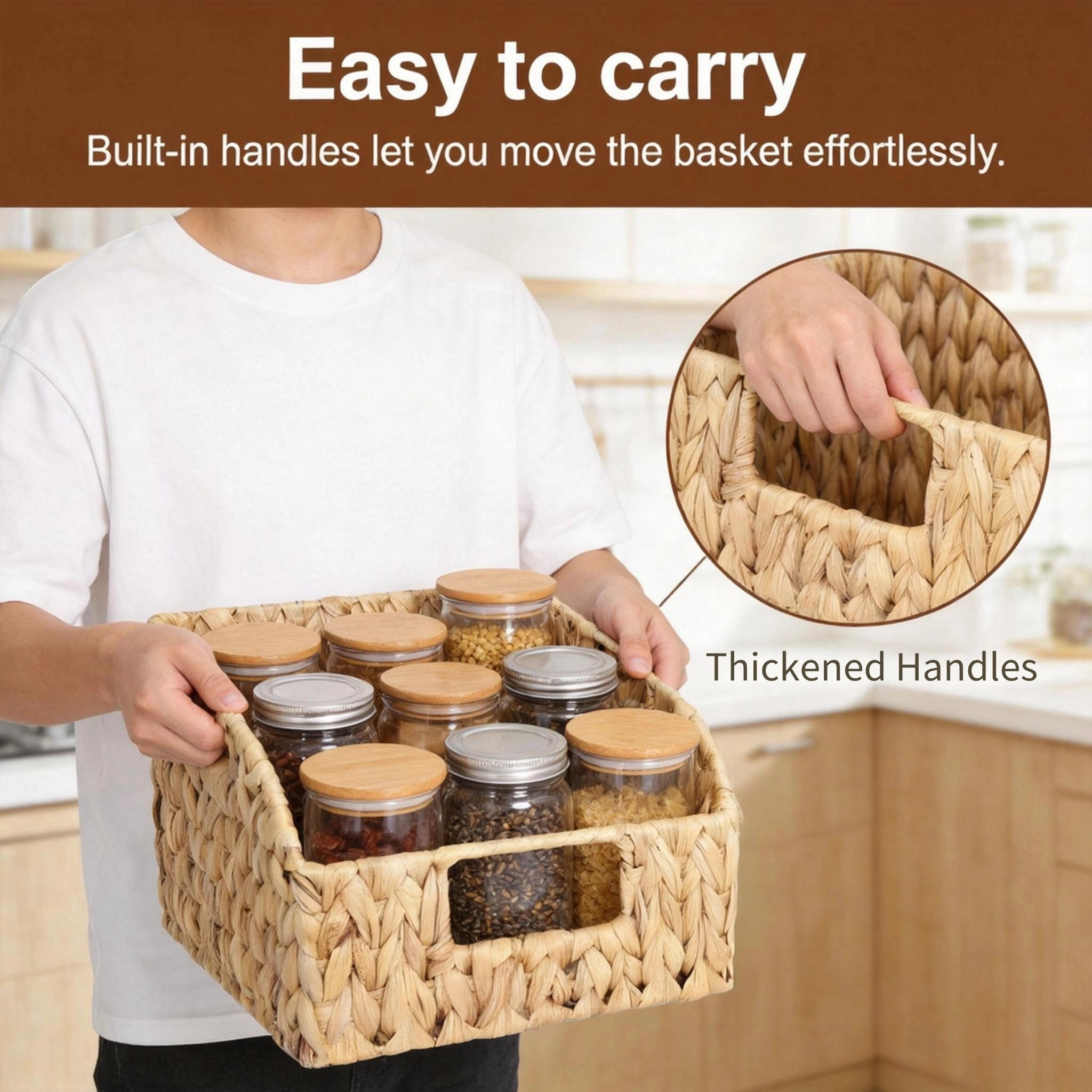 2 Pack Wicker Basket Set - Water Hyacinth Pantry Organizers with Handles for Home, Bedroom, Kitchen and More - 100% Eco-Friendly Handwoven Rattan, Simple Open-Shape Decorative Baskets