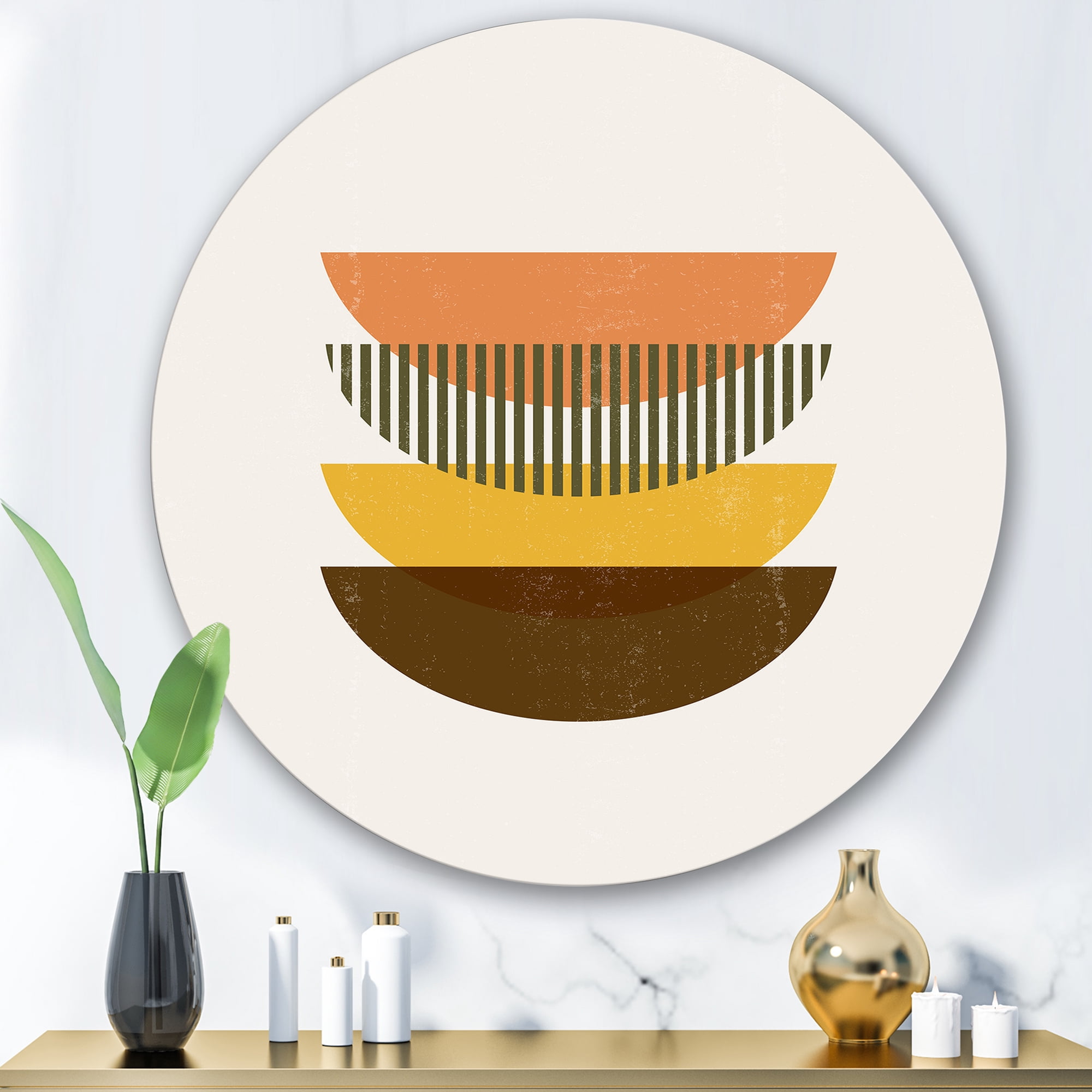 Designart 'Half Moons In Earth Tones Abstract Geometric Art' Modern Circle Metal Wall Art 36x36 - Disc of 36