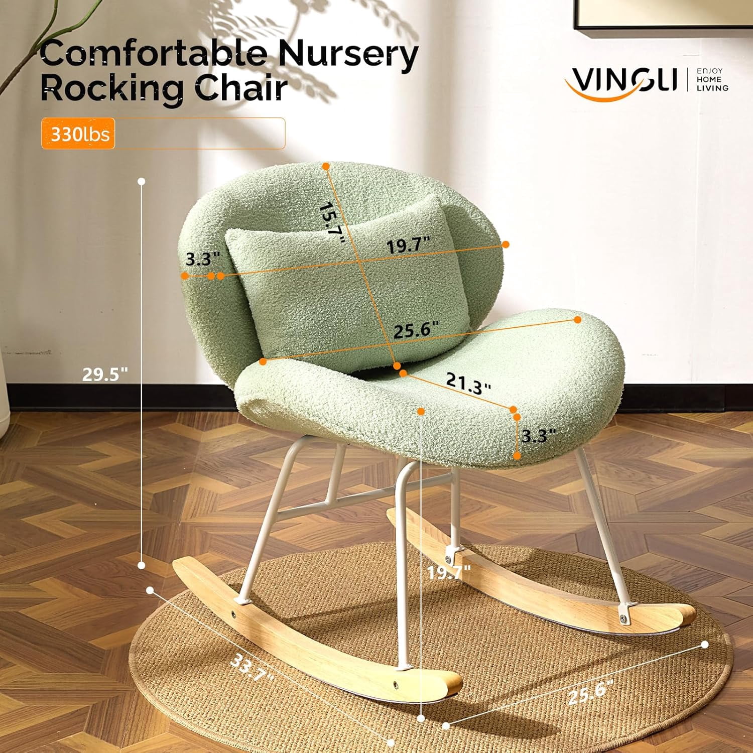 WLTER 25.6" Extra Wide Criss Cross Nursery Rocking Chair,Cute Curved 115° Reclining Armless Glider,Teddy Small Rocker w/Pillow & Solid Wood for Indoor,Bedroom, Living Room,Teddy Fleece,Seafoam Green