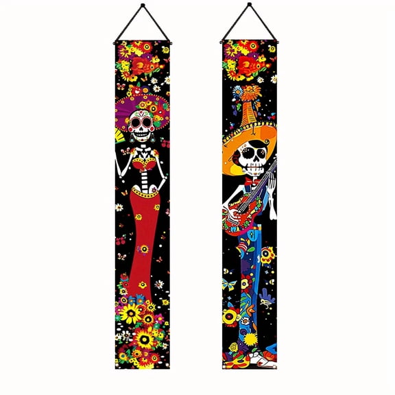 2 pieces, 2D Flat Halloween and the Day of the Dead atmosphere porch hanging logo decorative banner, Halloween couplets with skull couple pattern, holiday home hanging flag, suitable for front door,