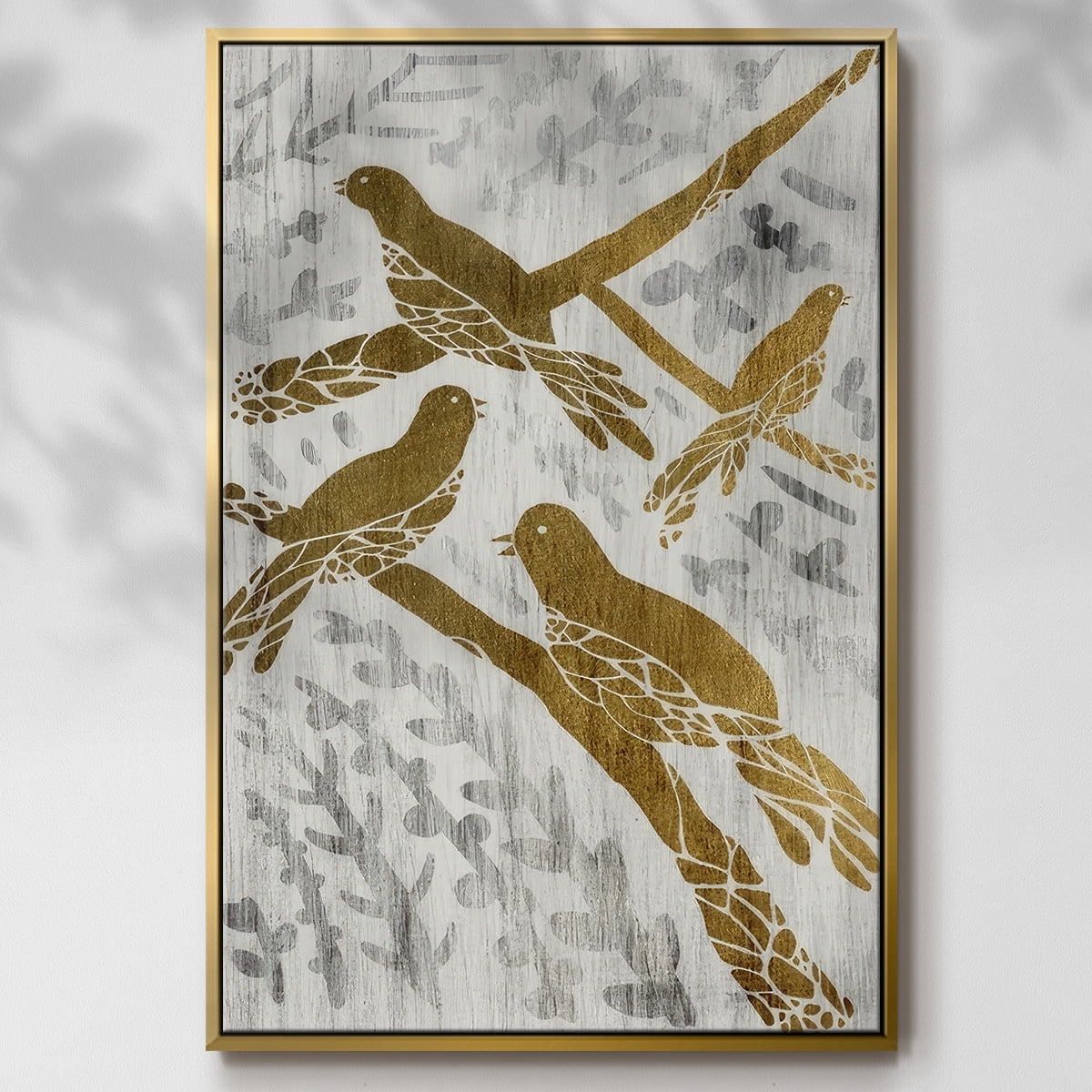 Four Calling Birds - Gold Leaf Holiday - Framed Gallery Wrapped Holiday Canvas - 25 x 37 - Gold Frame