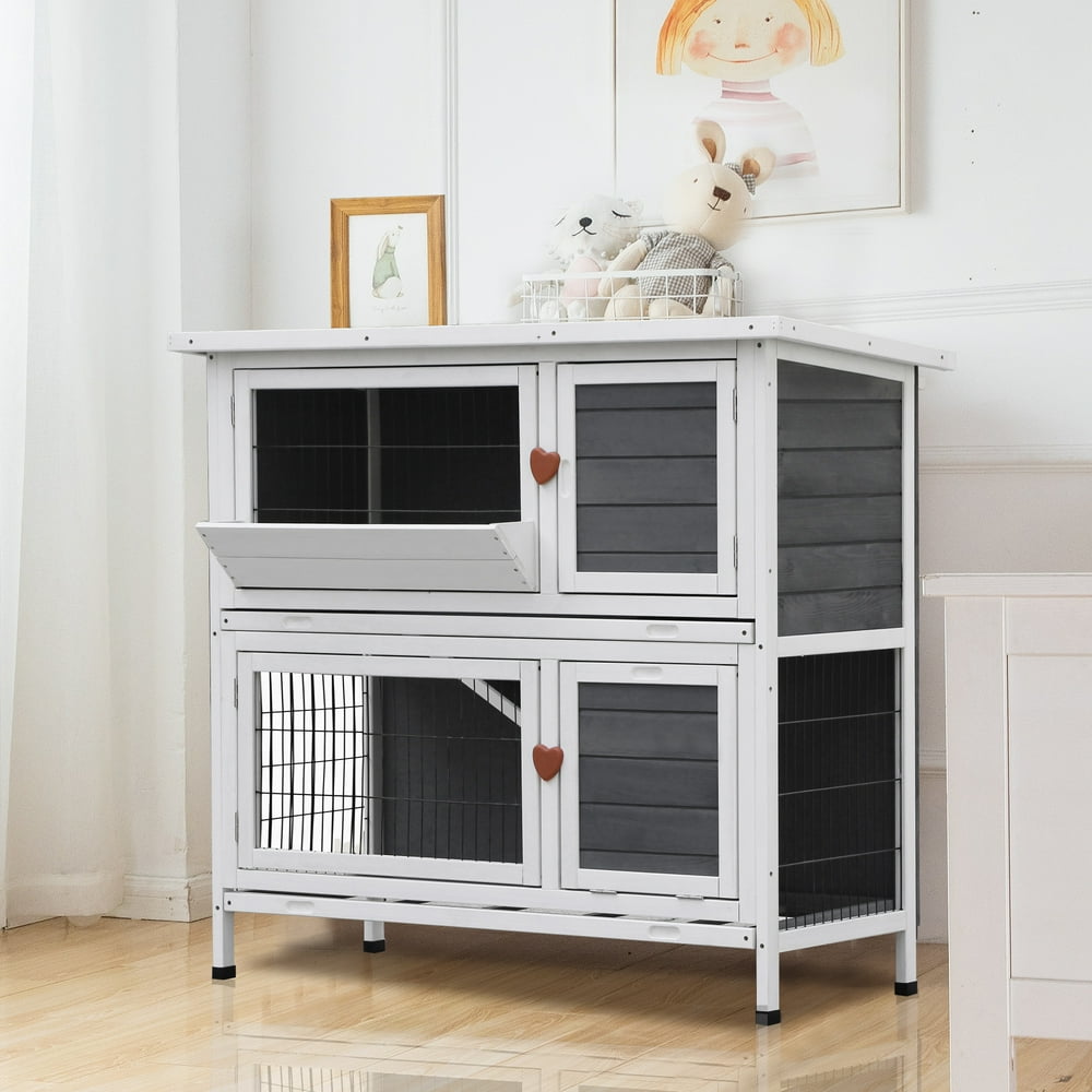 Lovupet Rabbit Hutch Cage, 2 Story Indoor Outdoor Wooden Bunny Cage