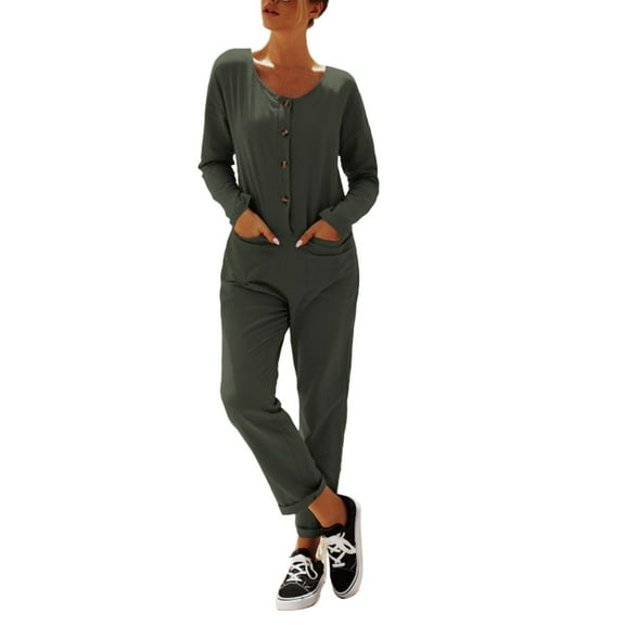 Woman Long Sleeve Casual Jumpsuit V Neck Button Down Regular Fit Straight Pants Onepiece Romper Green M
