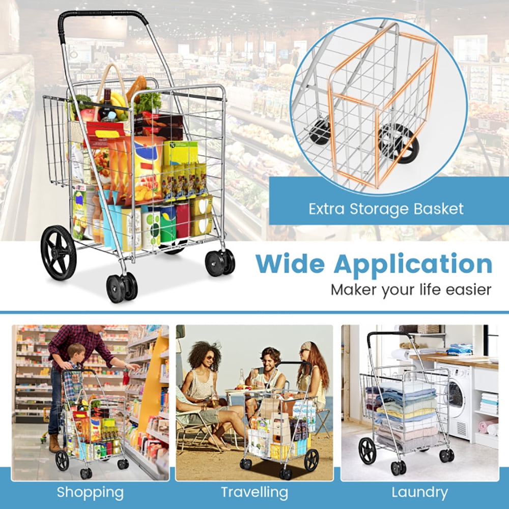 Barara King Outdoor Utility Carts,Folding Shopping Cart for Laundry with Swiveling Wheels and Dual Storage Baskets-Sliver
