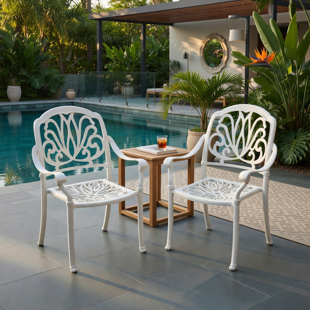 Hommoo 2-Pack Stackable Cast Aluminum Outdoor Dining Chairs with Armrests, All-Weather Patio Seating for Backyard, Garden & Porch, White