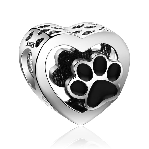 ROSIANNA 925 Sterling Silver Charm for Bracelets Black Pawprint Heart Charms Women Bracelet Charm