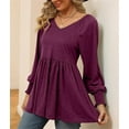 thumbnail image 3 of Temofon Womens Tops Long Sleeve Tunic V-Neck shirt 2024 Casual Puff Pleated Flare Blouse T-Shirts with Smocked Cuffs fall clothes winered, 3 of 5
