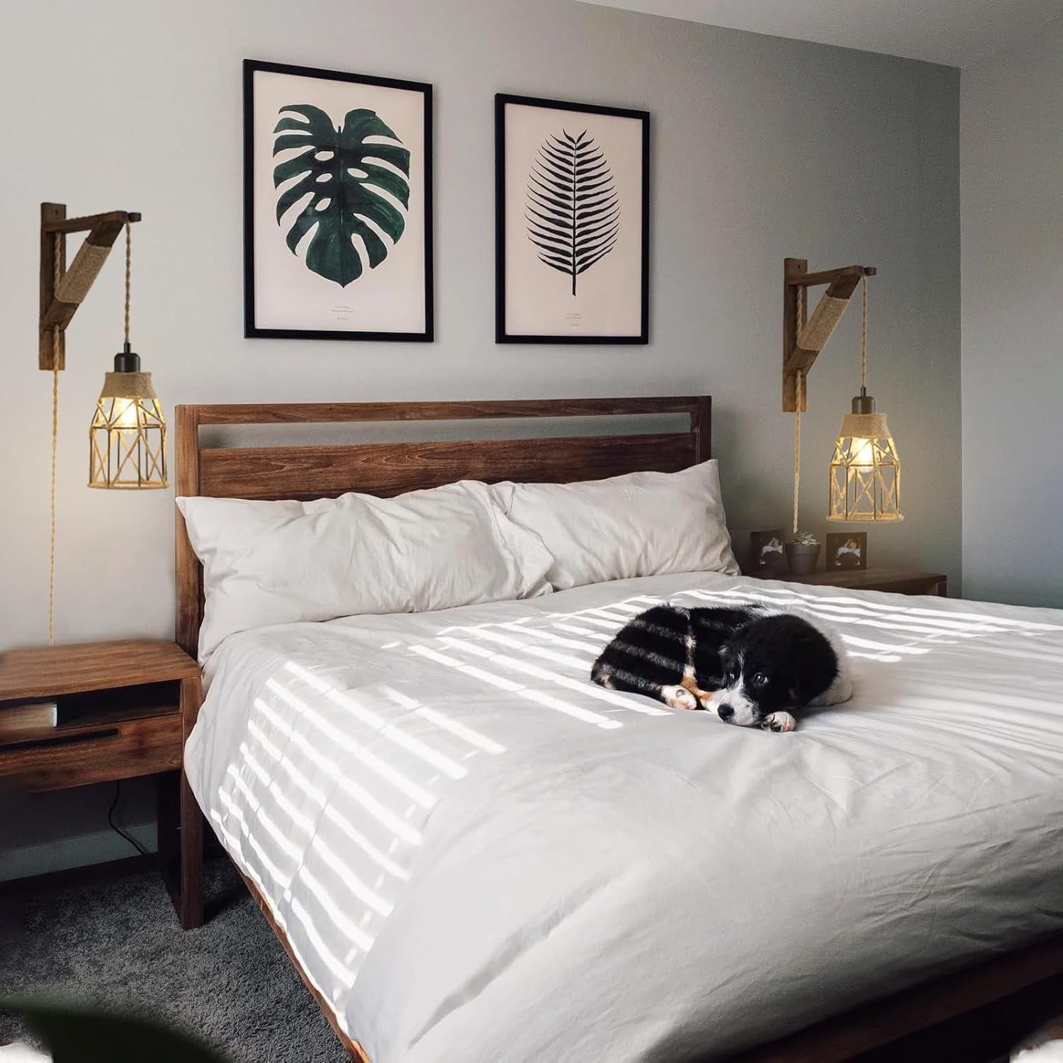 2-Pack  Plug-in Wall Sconces - Farmhouse Metal Cage Lights with Distressed Wood Brackets