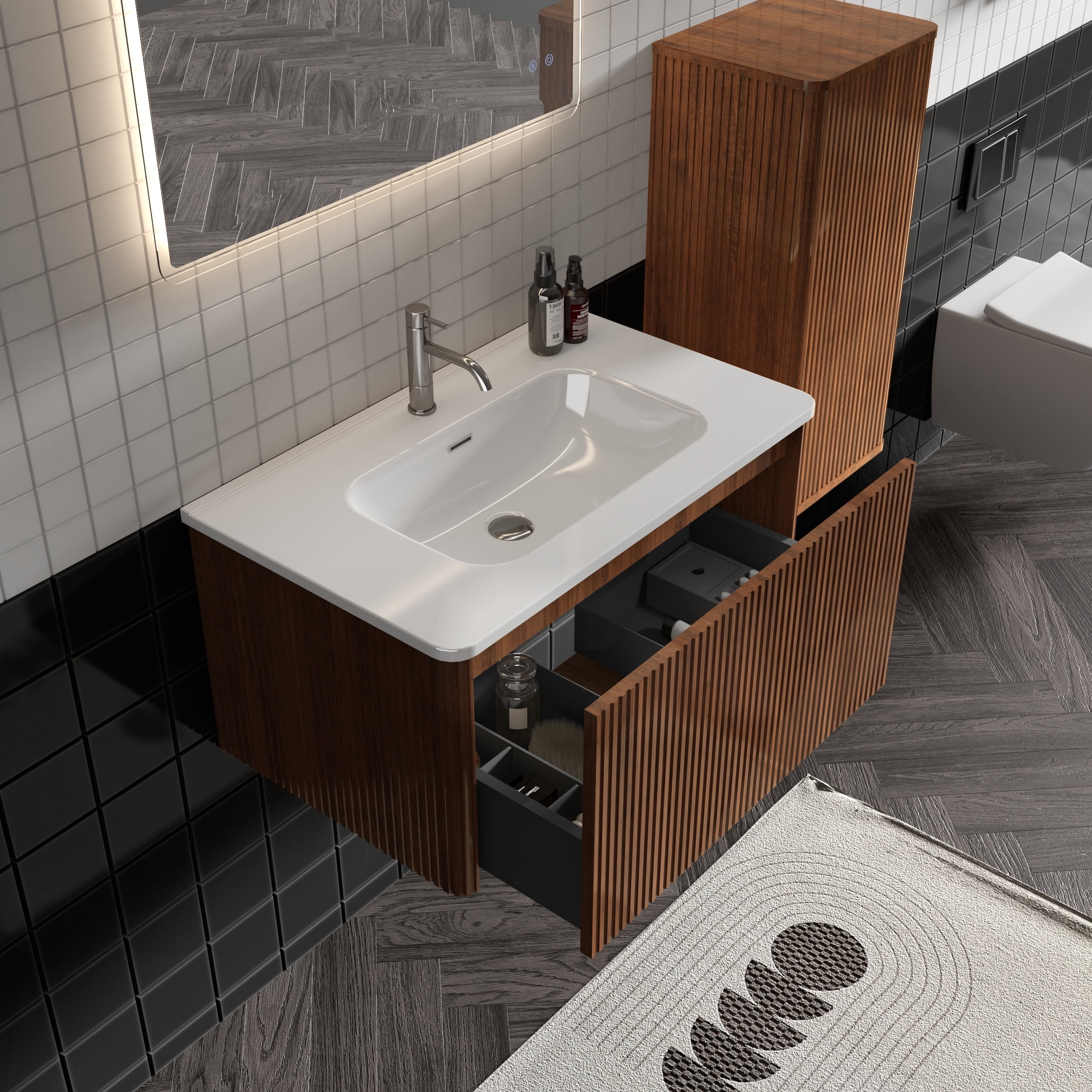 CITTANEO 30" Mid Century Bathroom Vanity with Sink, Modern Bathroom Cabinet with Push-Open Drawer, Walnut