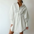 thumbnail image 4 of Female Button Up Long Sleeve Mini T Shirt Dress Lapel Collar Pleated Flared Short Dresses White L, 4 of 9