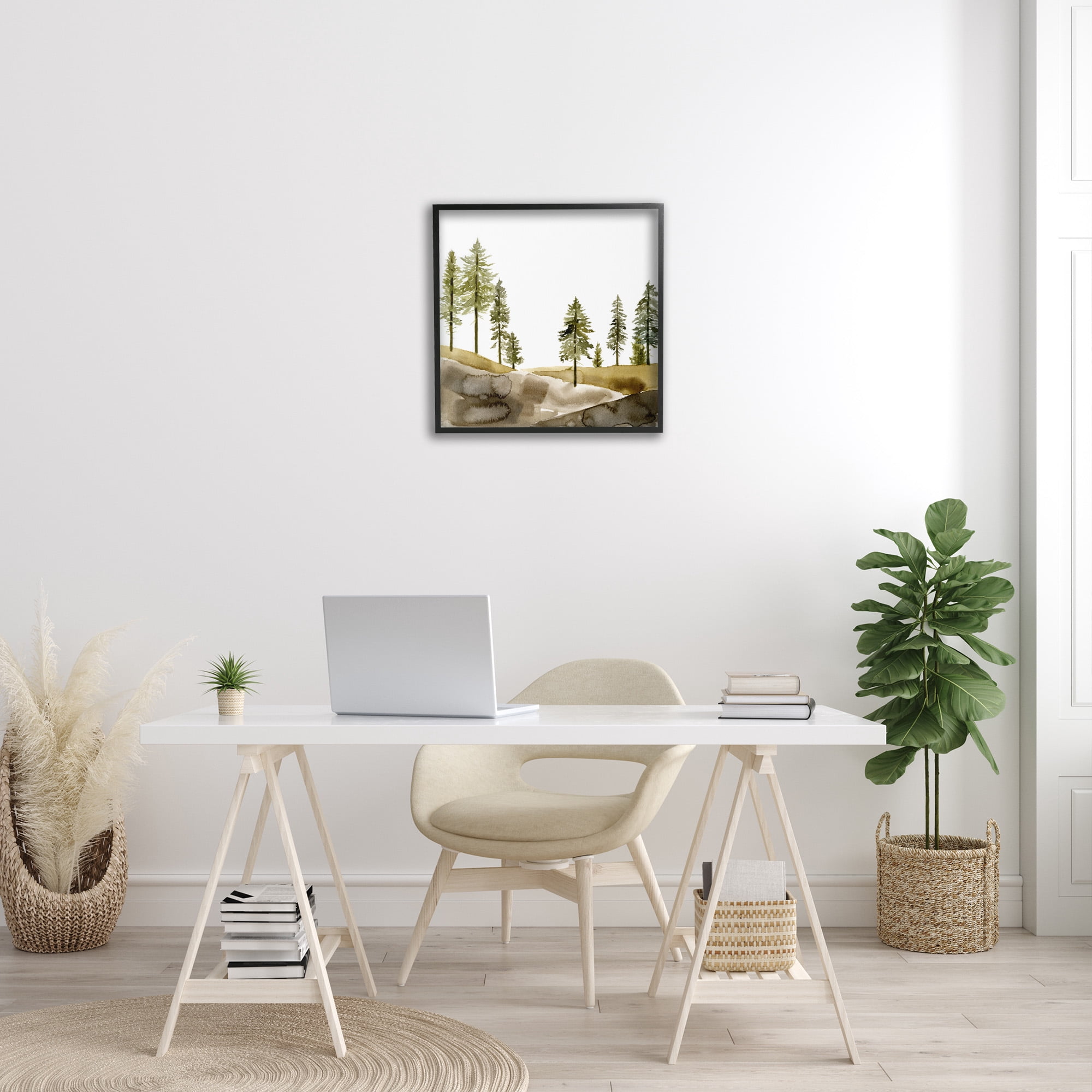 Stupell Industries Pine Tree Forest Watercolor Landscape Painting Black Framed Art Print Wall Art, 24 x 24