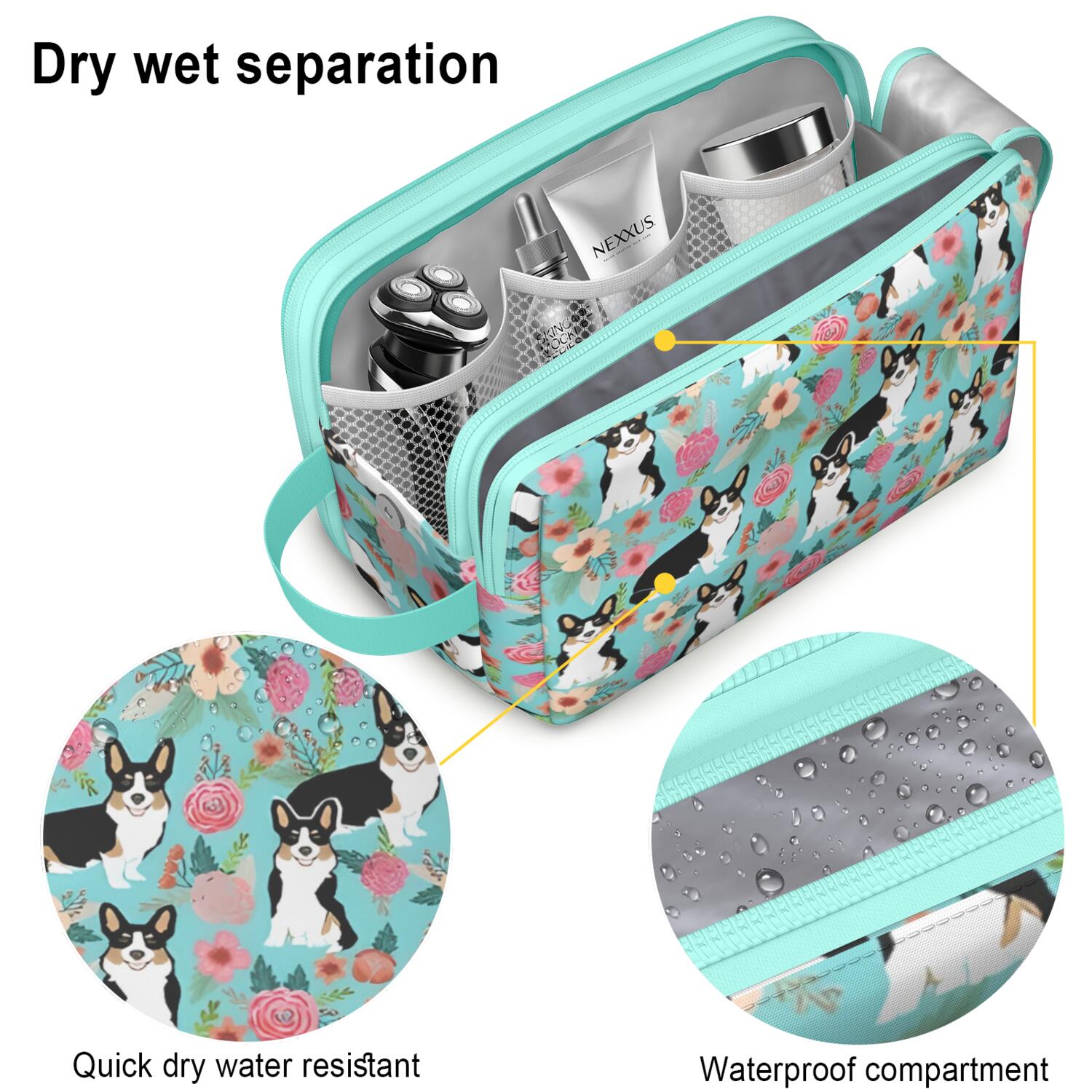 Toiletries Bag,Corgi Dog and Flowers Mens Womens Toiletry Bag Bathroom Bag,Waterproof Toiletry Travel Bag Dopp Kit Shaving Bag 11x6.3x5.1 Inch