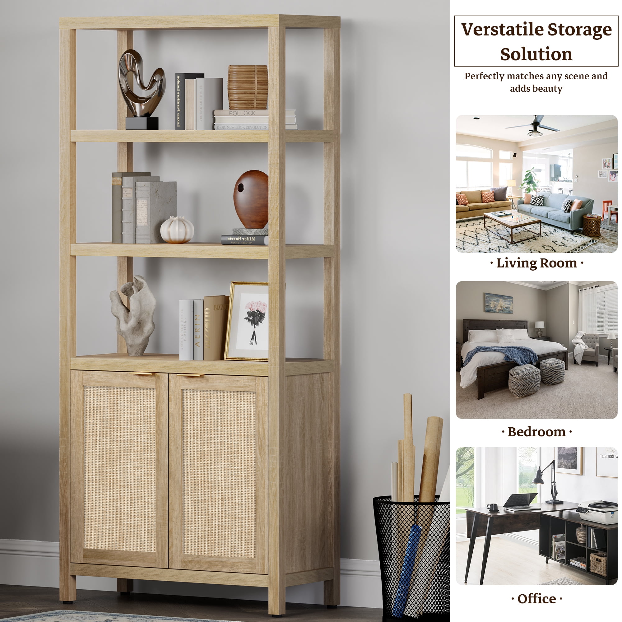 SICOTAS 71" Tall Bookcase with Doors, Boho 5 Tier Rattan Bookshelf Set of 3, Mid-Century Bookcase with Storage Cabinet for Living Room, Bedroom, Library & Home Office in Light Oak