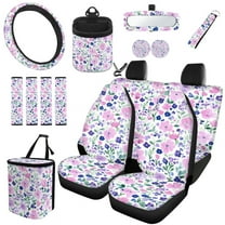 Jeiento Boho Floral Car Front Seat and Rear Bench Cover with Steering Wheel Cover Shoulder Cushion Trash Bin Cup Holder Wrist Key Chain 15 Pcs Set for Women Men