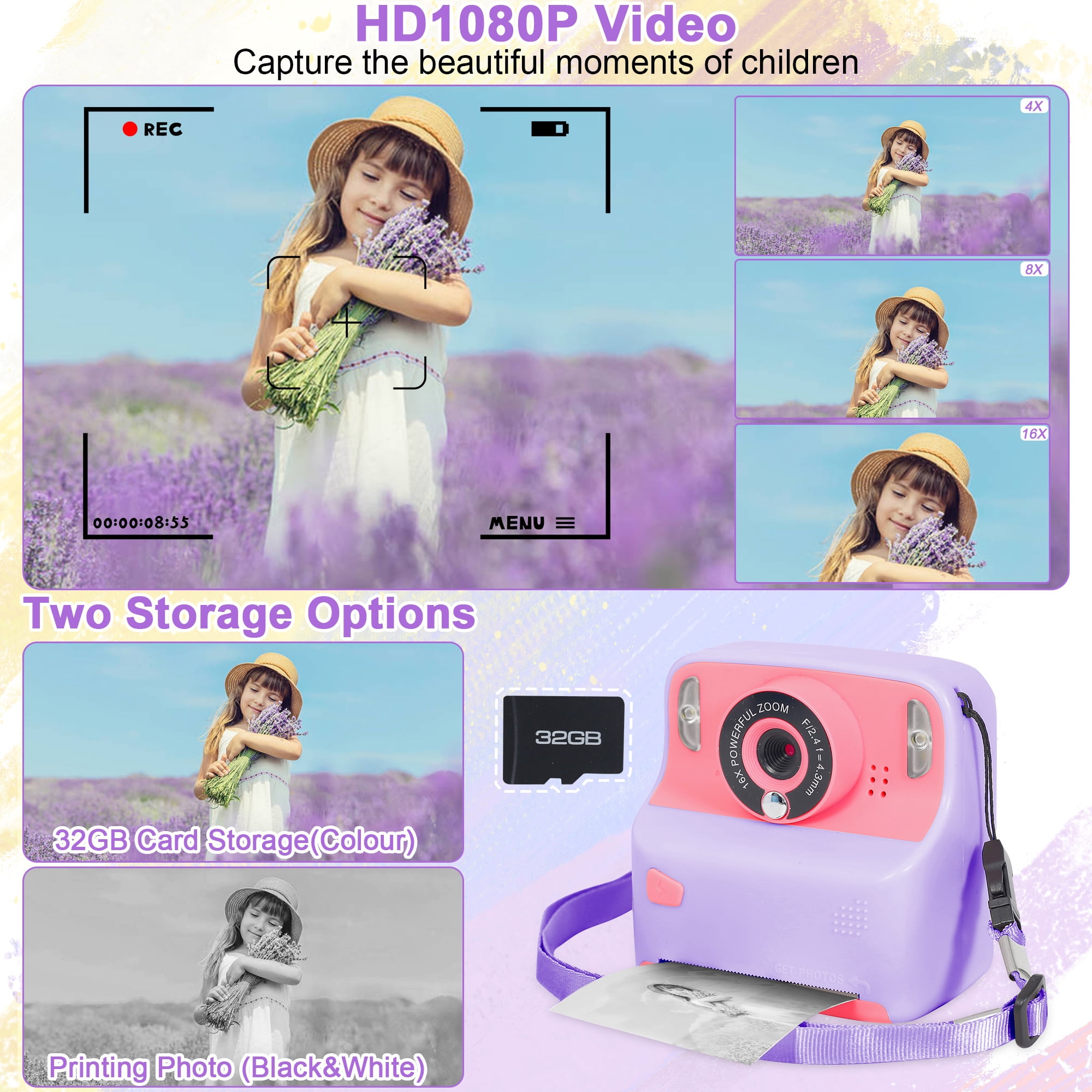 Yexmas Instant Print Digital Kids Camera 1080P Rechargeable HD Digital Toy Cameras Gift with 32G SD Card for Age 3-12, Purple