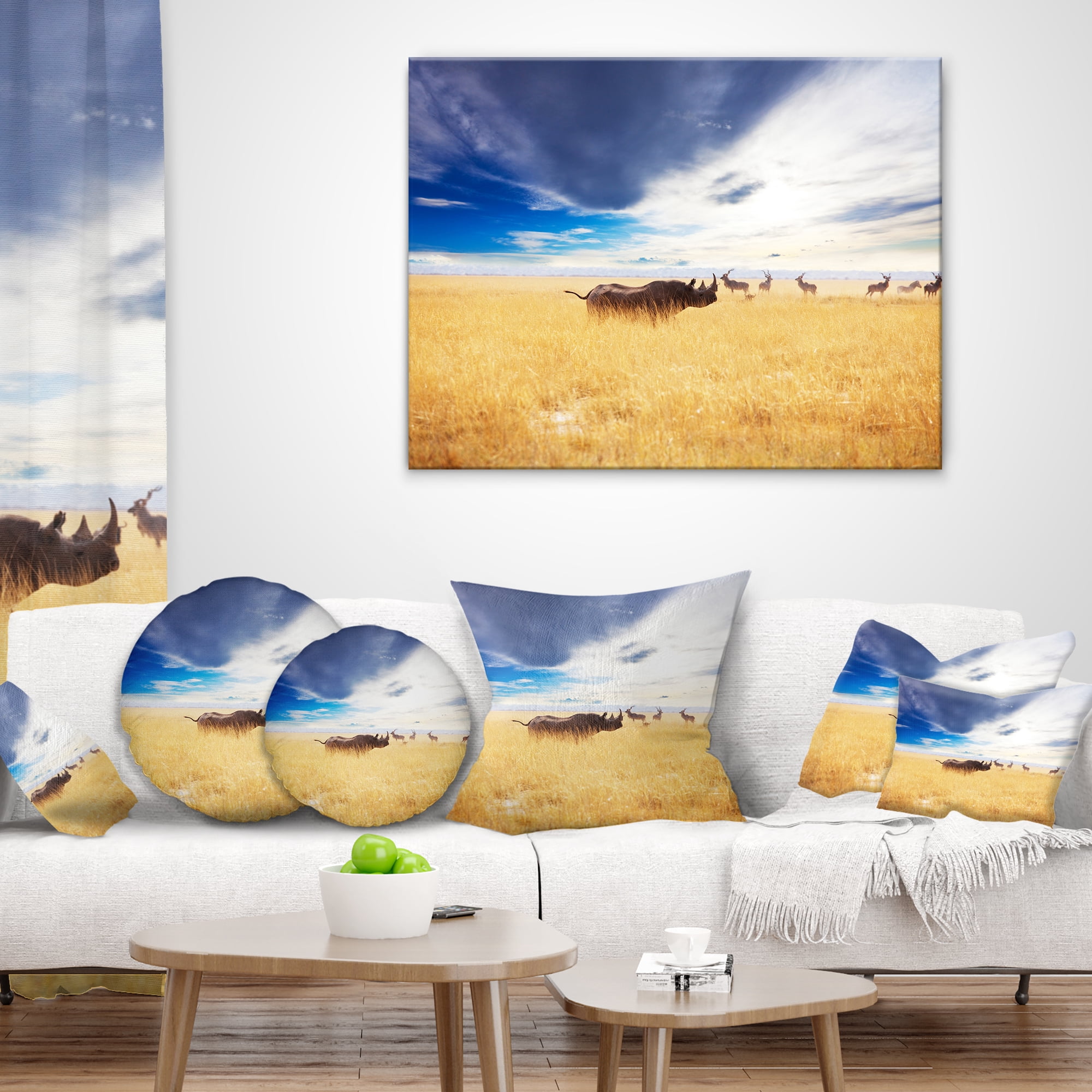 Designart Huge Rhino with Antelopes - Seashore Throw Pillow - 18x18