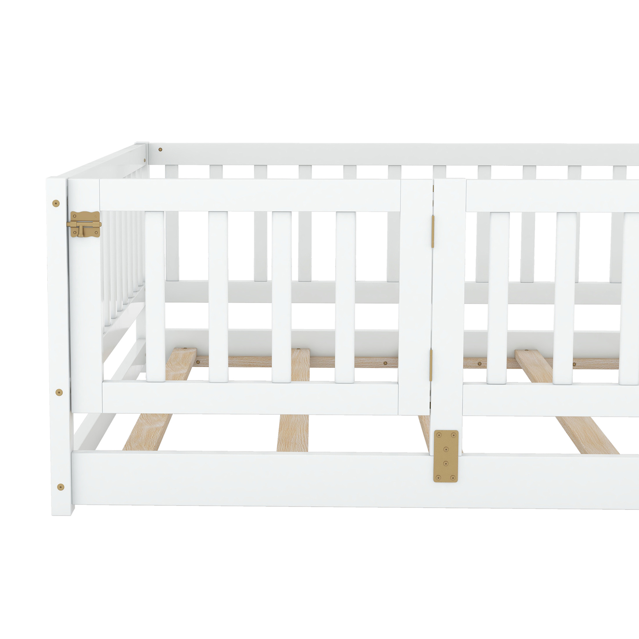 Noble House Full Size Montessori Floor Bed with Fence & Door, Wooden Kids Floor Bed with Slats, White