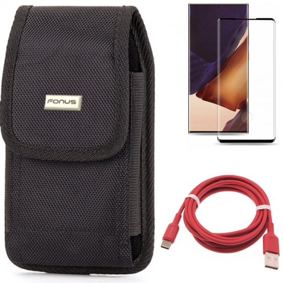Case Belt Clip & 6ft USB-C Cable & Screen Protector for Samsung Galaxy Note 20 Ultra (6.9") - Combo with Swivel Holster & Red Charger Cord & Tempered Glass (Fingerprint Unlock)
