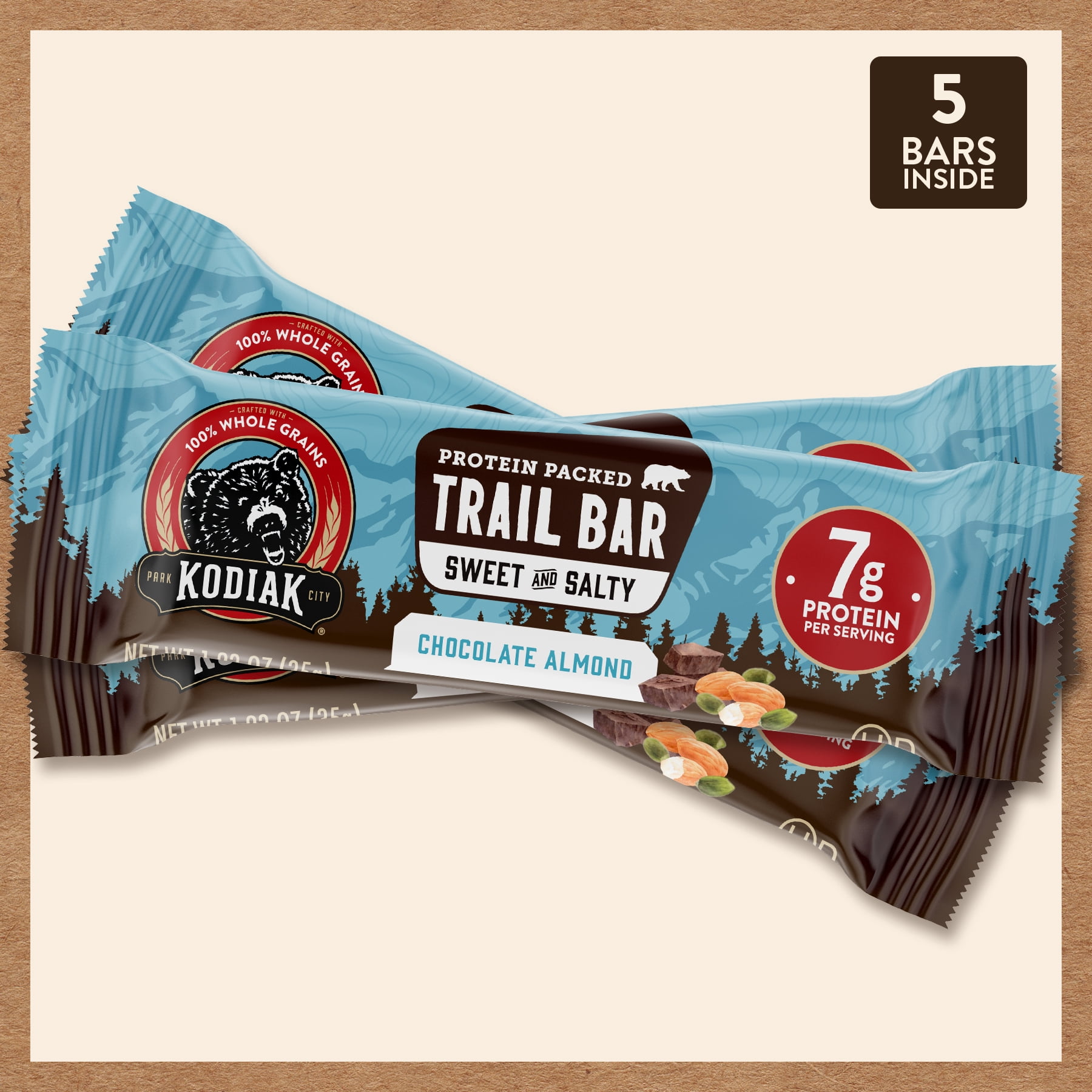 (6 pack) Kodiak Protein-Packed Chocolate Almond Trail Bars, 1.23 oz, 5 Count Cardboard Box
