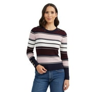 Women's Ellen Tracy Crewneck Button Shoulder Rib Sweater Color: Wine Multi Stripe Size: SMALL