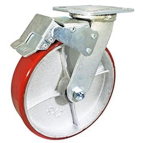 8" x 2" Total Lock Caster with Red Polyurethane on Steel Wheel - 1,250 lbs Capacity