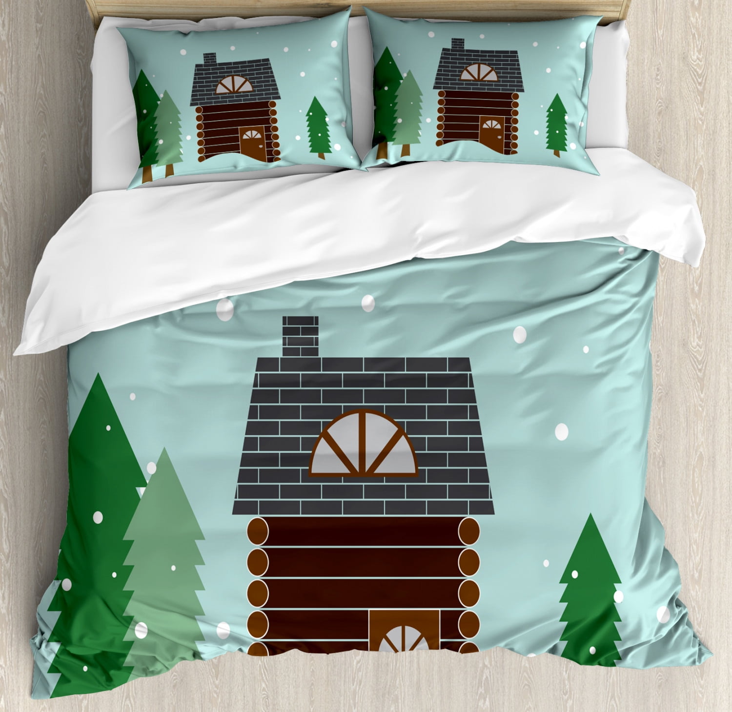 Log Cabin Duvet Cover Set, Image of a Small Wooden Cabin in a Snowy Landscape with Firs