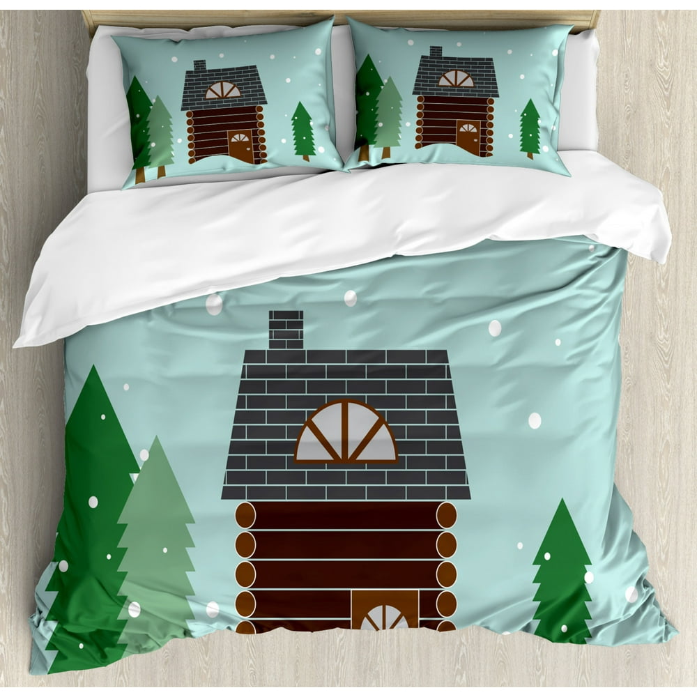 Log Cabin Duvet Cover Set, Image of a Small Wooden Cabin in a Snowy