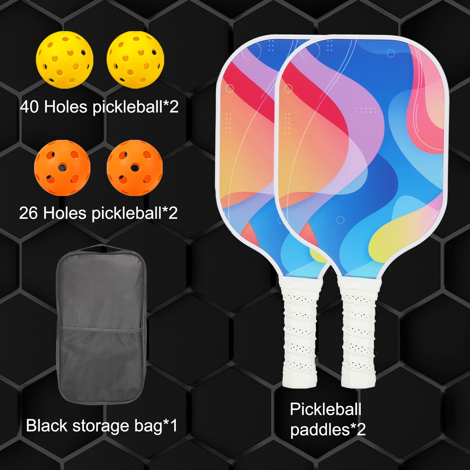 Uxcell Pickleball Paddles Set, Light Fiberglass Pickleball Set Blue Red Yellow Waves