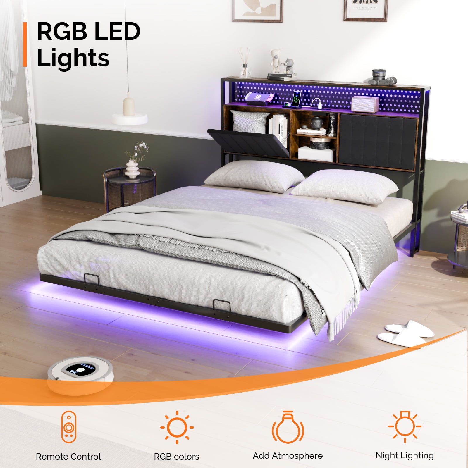 UBesGoo Floating Bed Frame Queen Size with Storage Headboard, Metal Platform Bed with LED and Charging Station for Bedroom, Black