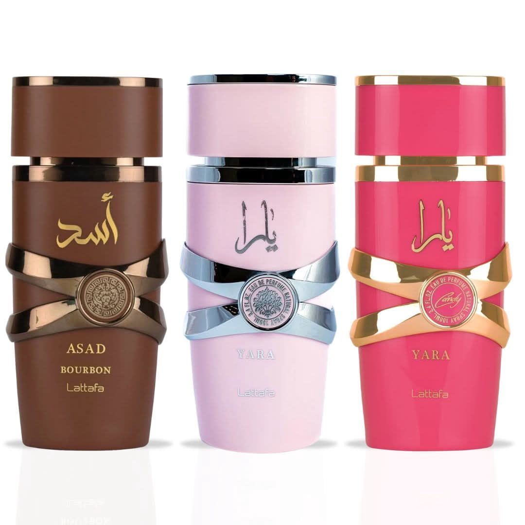 Yara, Yara Candy & Asad Bourbon Eau de Parfum Spray 100ml (3.4 oz) by Lattafa (Bundle)