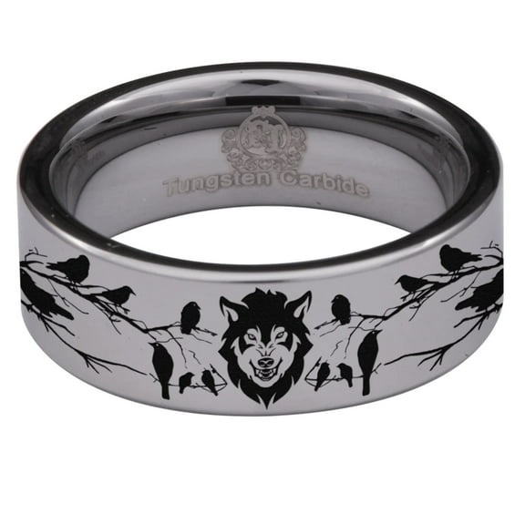Silver Tungsten Wolf and Raven Ring
