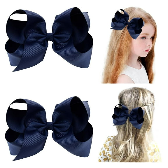2 PCS 6" Big Hair Bows for Girls Alligator Clips Grosgrain Ribbon Solid Color Hair Accessories for Little Teen Toddler Girls Kids-White