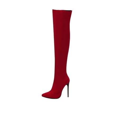 

Crocowalk Womens Lightweight Stiletto Heel High Heels Formal Non-Slip Pointed Toe Thigh Boot Slip Resistant Zip Up Red 5