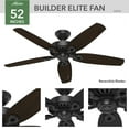 thumbnail image 3 of Hunter 52 inch Outdoor or Indoor Ceiling Fan No Light with Pull Chain - Black Ceiling Fan without Light, Standard Mount, 5 Blades, For Patio, Porch, Living Room - Builder Elite 53294, Matte Black, 3 of 14