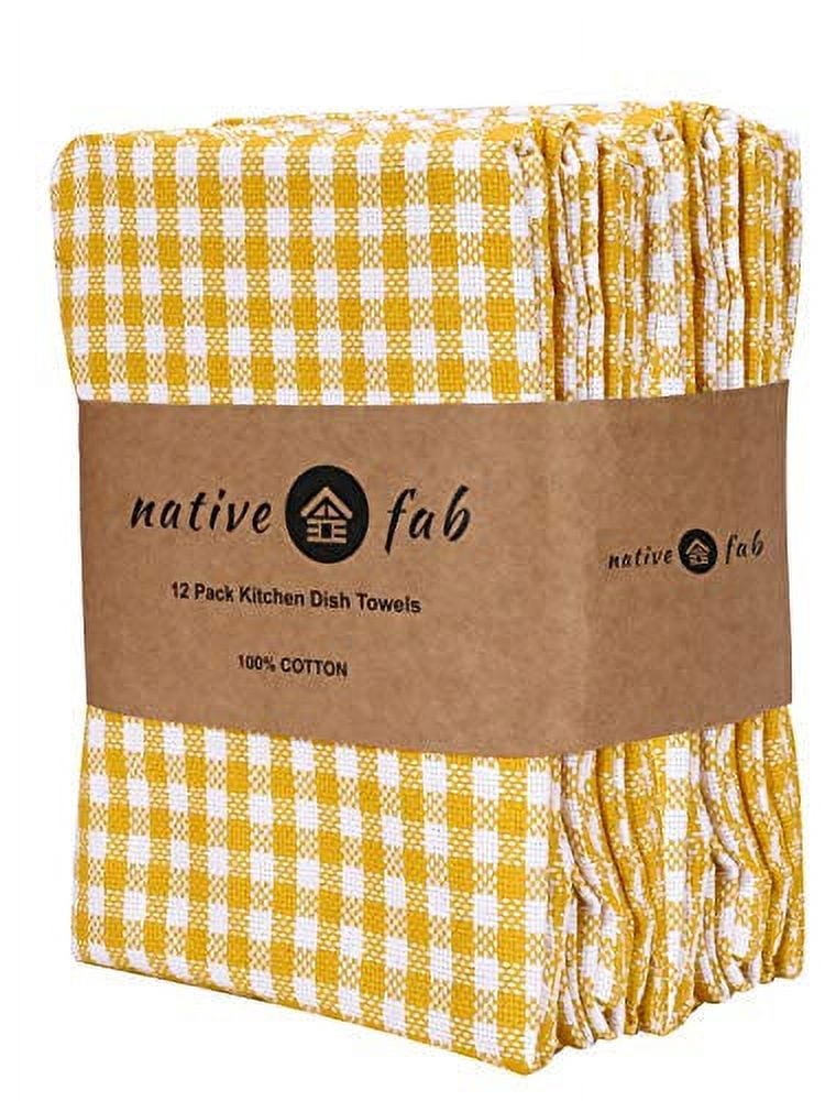 Native Fab 12 Pack Gingham Farmhouse Kitchen Dish Towels Cotton Absorbent Durable Washable 15x25 - Tea Towels, Dish Cloths, Restaurant Cleaning Towels, Kitchen Towels with Hanging Loop, Yellow White