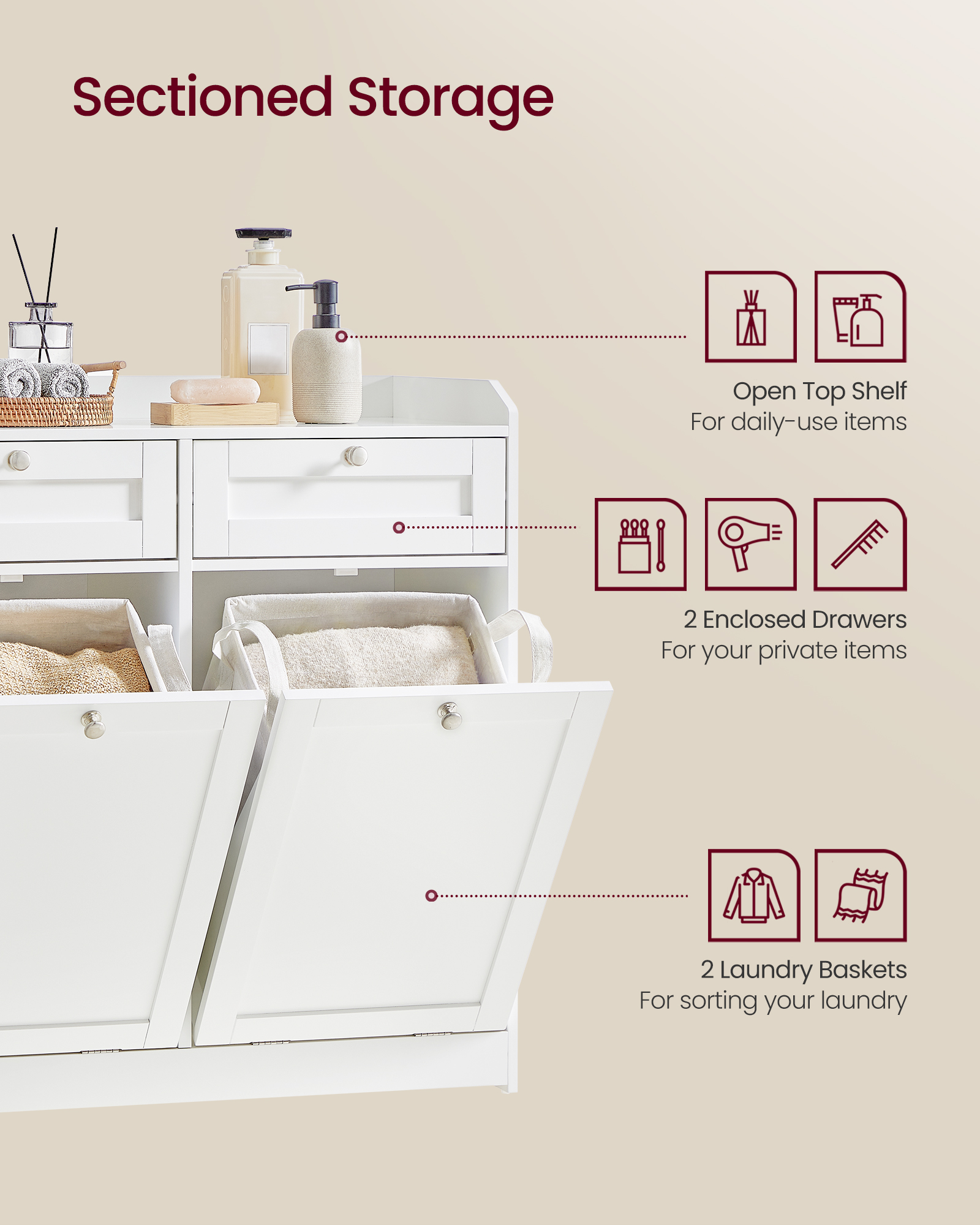 Cloud White Bathroom Cabinet with Dual Hidden Laundry Hampers - Stylish Storage Solution for Your Bathroom